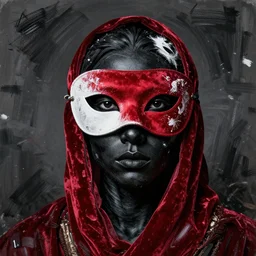 highly detailed and decorated black albino, all dressed in brush strokes, beautiful face and eyes, mask on his face, red velvet fabric, highly detailed, white accents, cel shaded, cinematic shot, trending on artstation, high quality, detailed and chaotic background, brush strokes all over, by tom bagshaw and jama jurabaev and beeple