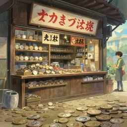 coin shop with a lot of coins, painting by craig mullins, octane rendering, soft morning lighting, wide angle lens, in the style of hayao miyazaki, trending on artstation,