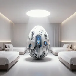 realistic illustration of a room, central perspective, liminal space hotel room with biomech techonlogical cabled egg at the center of the image, white studio light, volumetric light, artstation, hiroaki samura, jiro matsumoto, o yusuke murata, unreal engine, octane render, sharp focus high quality 8 k