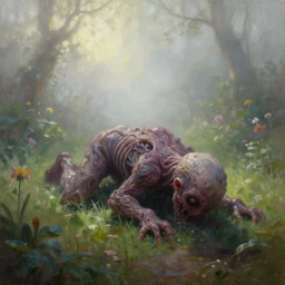 psychological horror movie still, amorphous life form crawling over a garden in a beautiful foggy morning. oil painting, indie concept art, bloom, chiaroscuro, backlighting, intricate details, depth of field.