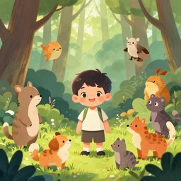 a beautiful illustration of a little cute boy smiling in a forest and different animals circle around him, digital art