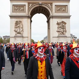 a large group of people wearing clown hats marching in formation through the arc de thriump.