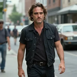 joaquin phoenix in the street, in fight club film still cinematography by david fincher