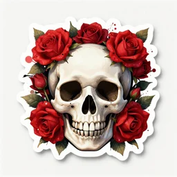 skull and red roses, cute sticker decal design, highly detailed, high quality, splatter painting