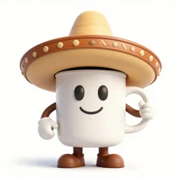 anthropomorphic cartoon coffee mug wearing a sombrero