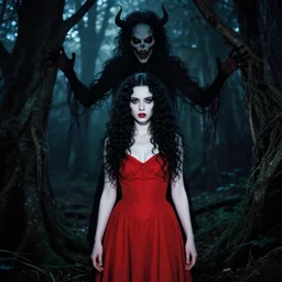 in the style of brandon woelfel, artgerm, full body, pretty alyson hannigan, evil dead demon, evil dead movie, red dress, brandon woelfel, symmetrical eyes, symmetrical face, long curly black hair, trees, forest, branches, cinematic lighting, evil dead creature, scary