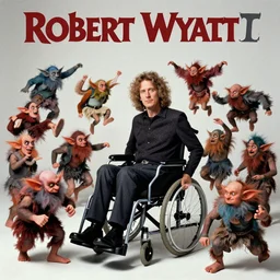 robert wyatt in a wheelchair surrounded by dancing goblins, robert wyatt album cover artwork