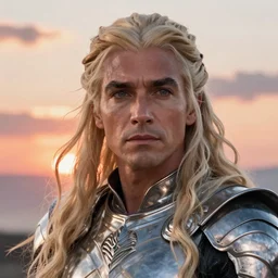closeup portrait of danny trejo as daenerys targaryen, long blonde windblown hair and shiny metal armor, beautiful sunset behind head, sunset clouds, game of thrones, dragons, glamour pose, detailed illustration, digital art, trending on artstation, soft ambient lighting, volumetric lighting, rim lighting, yoshitaka amano, alphonse mucha, arney freytag, maxfield parrish, new art nouveau