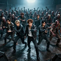 full - body action shot of bts as heroes fight a horde of zombies, in the style of k - pop, epic, cinematic, volumetric lighting, symmetry, octane render, artstation, highly - detailed, unreal 5, realism,