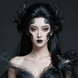 Woman, extremely intricate face, Vantablack hair, Divine Goddess, ethereal, stylish Dress, gorgeous, perfect symmetrical face, Volumetric Lighting, 4k resolution