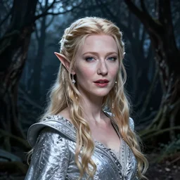 portrait of dangerous , mischievous  young Galadriel (Cate Blanchett) as a queen of elves, dressed in a refined silvery garment. The background is a dark, chilling eastern europen forrest.  night, horroristic shadows, higher contrasts, (((lumnious))), theatrical, character concept art by ruan jia, thomas kinkade, and J.Dickenson, trending on Pinterest