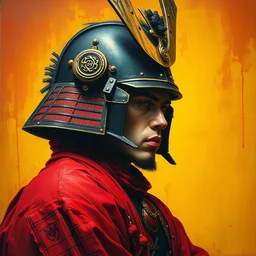 portrait of a samurai warrior, goth punk,, vibrant red yellow colors, surreal, a french baroque by jean paul gaultier, art by greg rutkowski by john william waterhouse, oil on canvas