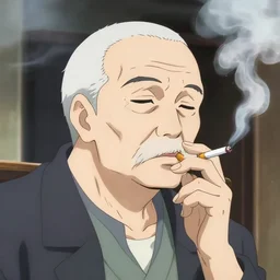 anime old man smoking a cigarette, white smoke, chromatic aberration, art by wlop