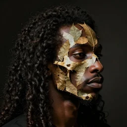 a black man's face with long curly hair in profile, made of skeleton leafs, in the style of the Dutch masters and Gregory Crewdson, dark and moody