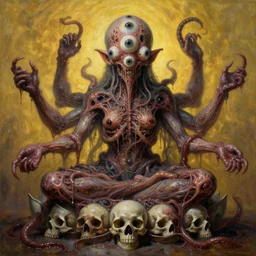 monstrous and twisted altar with a statue to a many eyeballs, pustule, boil, veiny and four armed cthulhu statue, flayed skulls, slimy tentacles twisting in lotus position. in the style of hr giger and zdzisław beksinski and frank frazetta. golden hour. biomechanical oil painting horror gothic hyperrealistic detail