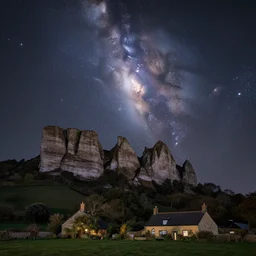 a deep field astrophotography astronomy photo of the pleiades cluster, a nighttime landscape photo of the seven sisters cliff faces in cuckmere haven, famous composition with cottage, lpoty, award winning, beautiful, astronomy photo of the year