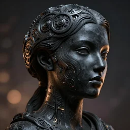 highly detailed portrait abstract sculpt from artstation beautiful female face and black swirling concrete acrylic portrait, black latex sculpt, close up portrait, mechanical superstructure, sacred geometry, glowing edges, magic hour, beautiful light, sculpture of carving marble, dark colors, dark mood, one point light, clockwork, epic matte painting, concept art, bokeh, digital painting