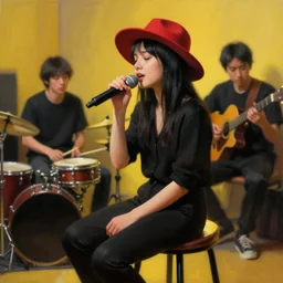 a black haired girl wearing a red fedora hat singing on a studio, sitting on a stool, backed by a percussionist and a guitar player, extremely detailed digital painting, in the style of fenghua zhong and ruan jia and jeremy lipking and peter mohrbacher, predominant colors are black and yellow, rim light, beautiful lighting, 8 k, raytracing, octane, trending on artstation
