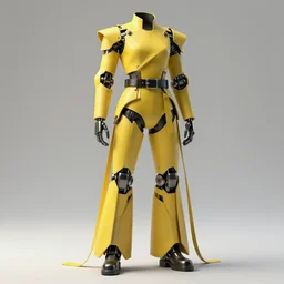 giorgio morandi color scheme. hi - tech uniform. military leg mechanical exoskeleton!! yellow long dancing straps. black metal belt. a high set geometric tailoring clothes. matte painting. full body!! 3 d concept art. marvelous designer clothing. octane render. hyper detailed, character concept, intricate, elegan, smooth, sharp focus