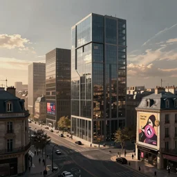 modern city, Parisian buildings, billboards, advertisements, small buildings, dark, matte painting, concept art, digital painting, style of Ian Hubert, warm lighting, volumetric lighting, street view, daytime, godrays , high detail, no sky scrapers