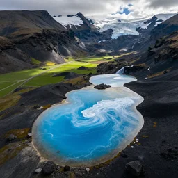 dolomites, bright blue pools of water with swirling seafoam, patches of green fields, black volcanic rock, icy glaciers, birds eye view