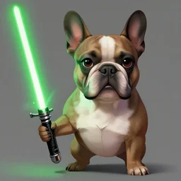 character concept portrait, jedi french bulldog holding a green lightsaber. in the style digital painting, concept art, smooth, sharp focus, illustration, from metal gear, by ruan jia and mandy jurgens and william - adolphe bouguereau, artgerm