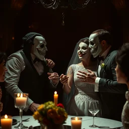 disturbing big budget hollywood movie of a wedding everyone is wearing halloween masks and fighting each other at the marriage of reason and squalor dramatic lighting chiaroscuro