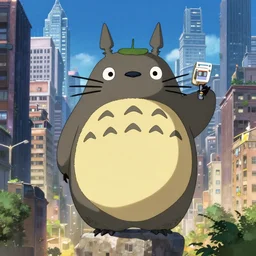 totoro doing bussiness, tuxedo, in the big city, skyscrappers, fantasy digital art, wow, stunning, ghibli style, hight quality