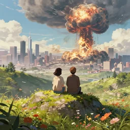 a couple sitting on top of a rock covered floral serene hillside watching a nuclear explosion in a distant city with skyscrapers, a detailed matte painting, apocalyptic sky, sharp focus, anime asthetic, cgsociety, fantasy art, cinematic, artstation hq, vfxfriday, dystopian art