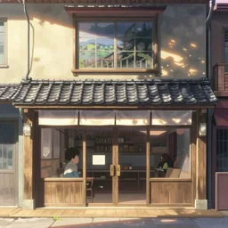 front view of a japanese storefront in the beautiful anime film by makoto shinkai and studio ghibli