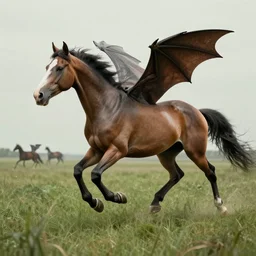 horse body and human head as legs and bat wings running on grass land, 4 k, concept art, ultra detail, animals, anatomy, surreal, horror