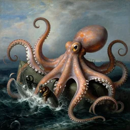 giant octopus with gigantic tentacles squeezing a frigate on an angry ocean, by jmw turner