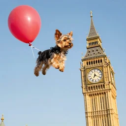 yorkie dog flying on the balloon above Big Ben