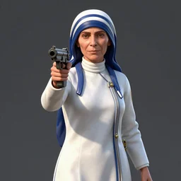 pov mother theresa pointing a submachine at the camera, 3d model, hyperrealistic, dynamic shadows, dynamic lighting