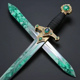 photograph of a real-life malachite sword with jewels.  Extremely detailed. 8k