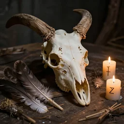 animal skull, bone, feathers, ritual items, candles, runes,