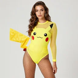 attractive girl wearing a mesh costume of pikachu and fishnet stockings, by David Hamilton and Sasha Grey, photography