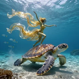 an alien woman in an underwater landscape is dancing on the back of a sea turtle, her body is made of thousands of thin ribbons of translucent gold and silver fabric that are twisting and swirling in the swift current, school of silver fish in the distance, sandy seafloor, caustics lighting from above, highly detailed, fantasy, octane render