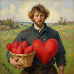 a beautiful painting of a scottish instagram heart farmer. in his arm he has a basket full of hearts. in style of ilya repin, trending on artstation