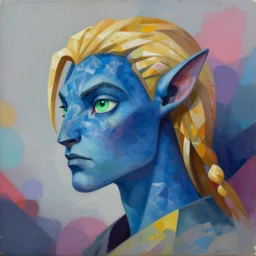 Avatar with a blond hair, green eyes, satyr ears and deep blue skin profile picture by Greg Rutkowski, asymmetrical, Organic Painting , Matte Painting,  geometric shapes, hard edges, street art, trending on the artstation:2 by Sachin Teng:4, blur: -4