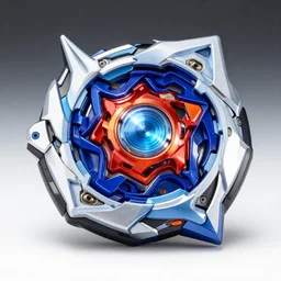 beyblade burst product photo, studio photo, highly detailed, 4K, complex design, angular, high tech, awesome beyblade shining designed by Hiro Morita