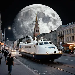 photo hovercraft in russian city on the moon designed by ash thorp, busy street, shot on film with flash, detailed, trending on artstation, 8 k hdr