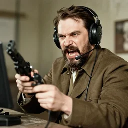 Old photograph of Stalin angrily playing Call of Duty, shouting into the headset