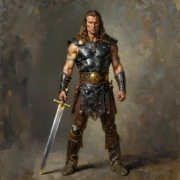 a full body portrait of Conan the barbarian holding a sword, oil painting by Solomon j Solomon, hd, sharp focus,