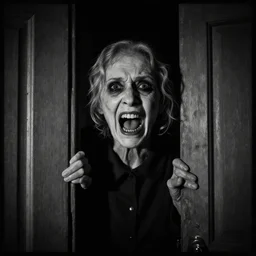 portrait of a creepy old lady screaming creeping out of a door, morbid, macabre, dark lighting, decay teeth, black and white gainy film, 1 6 mm film vignette, matte painting by maxim verehin