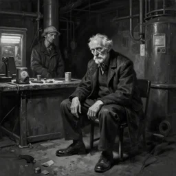 mutated old man sitting ina dark factory environment, digital black and white painting by oleg vdovenko chuvabak and maxim verehin, flash photography, trending on artstation, character painting