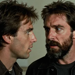 a hyper detailed film movie like photograph closeup of Kurt Russel with beard and mustache looking frightened at a clone of himself from the 1982 film The Thing in the style of John Carpenter