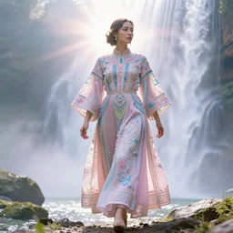 full - figured techno - embroidered androgyne with filigree and beads walks by a waterfall in the sky, safe for work, vivid pastel color scheme, by award - winning concept artist, dynamic composition, backlighting, radiant light