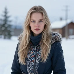 portrait of beautiful Norwegian woman standing in snow, digital art, highly detailed, intricate, sharp focus, Trending on Artstation HQ, deviantart, unreal engine 5, 4K UHD image