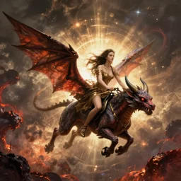a girl rides a winged demon and flies over hell,